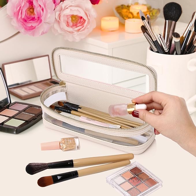 Makeup Brush Case Clear Travel Cosmetic & Toiletry Bag Slim Makeup Bag with Zipper Small Purse Organizer Car Essential Bag for Women (Beige, SLIM-1)