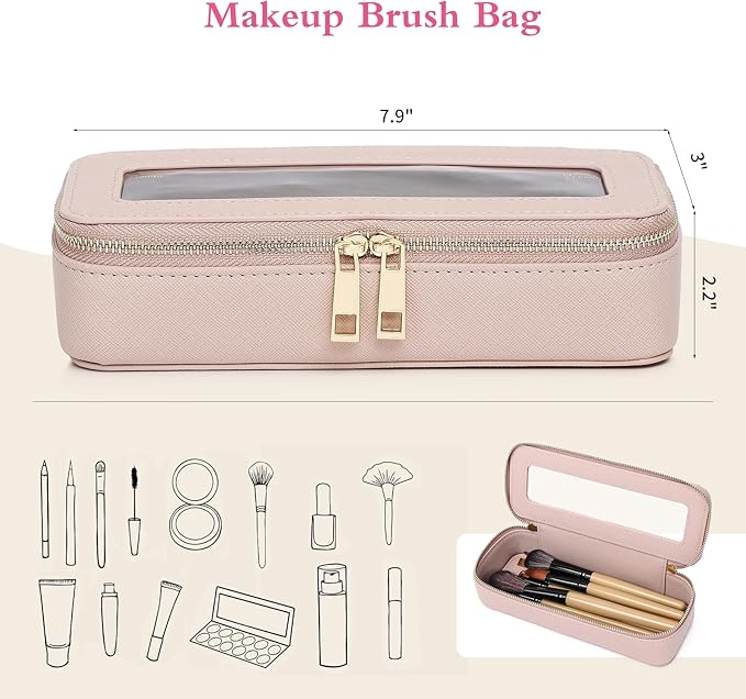 Makeup Brush Case Clear Travel Cosmetic & Toiletry Bag Small Makeup Bag with Zipper Purse Organizer Car Essential Bag for Women (Pink, SLIM)