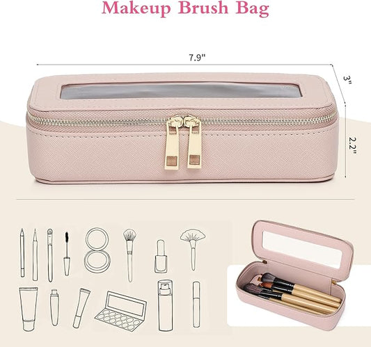 Makeup Brush Case Clear Travel Cosmetic & Toiletry Bag Small Makeup Bag with Zipper Purse Organizer Car Essential Bag for Women (Pink, SLIM)