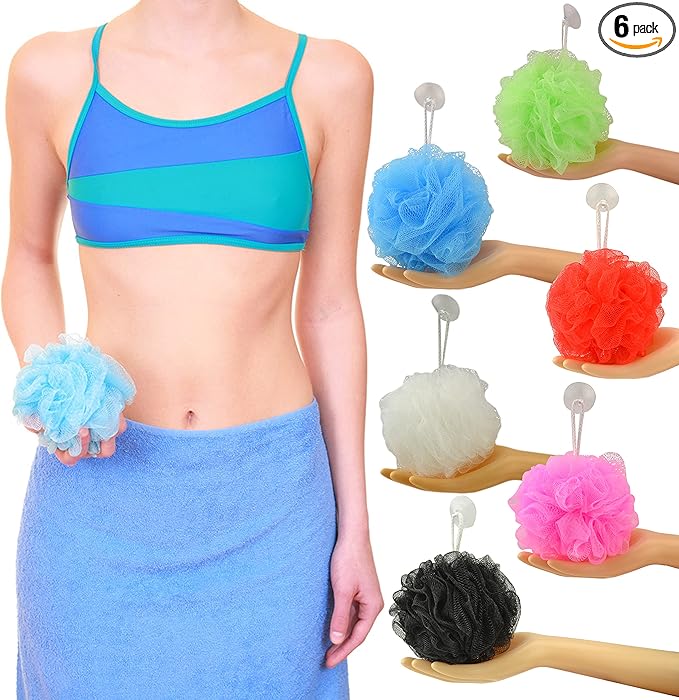 Star Brand Long Lasting Bath Sponge 6 Counts | 60g Heavy Bath Mesh Pouf with Suction Cup | Big Shower Sponge and Loofahs | Holding Up Bathing Exfoliator and Body Scrubber