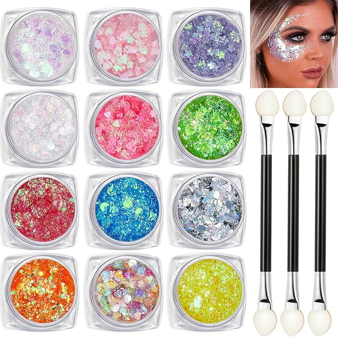 12 Colors Body Glitter Gel Kit, Super Long Lasting Holographic Chunky Glitter Gel Festival Party Makeup for Face, Body, Hair, Nail Art, Eyeshadow, 3Pcs Sponge Makeup Brush Include (Set C)