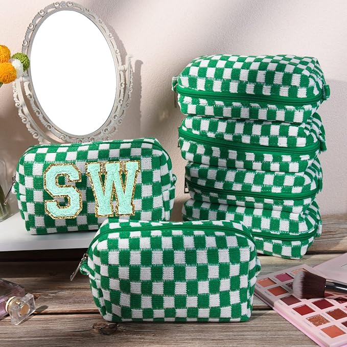 6 Pcs Preppy Makeup Bag Checkered Cosmetic Bag Bulk Green Makeup Pouch Personalize Travel Toiletry Bag Organizer Cute DIY Makeup Brushes Storage Bag for Women