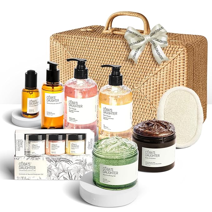 COBA'S DAUGHTER Rattan Gift Basket - 11-Piece Spa Inspired Bath, Body & Hair Kit for Women, Includes Coffee Scrub, Aloe Soothing Gel, Hair Serum, and Travel Minis (11 Pieces)