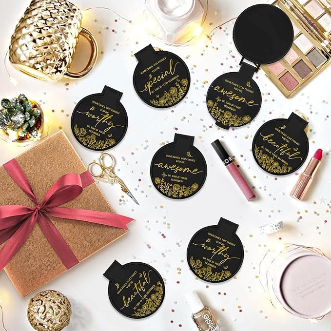 100 Pcs Inspirational Compact Mirror Bulk Small Pocket Mirror Purse Round Portable Folding Makeup Mirror Mini Compact Mirror Gifts for Women Coworker Employee Teacher(Black)