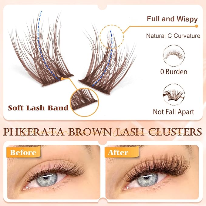 Brown Lash Clusters Wispy Brown Eyelash Clusters Wispy Lashes Clusters Natural C Curvature Cluster Eyelash Extensions 110 Pcs Individual Lashes DIY Cluster Lashes, 10-16 mm