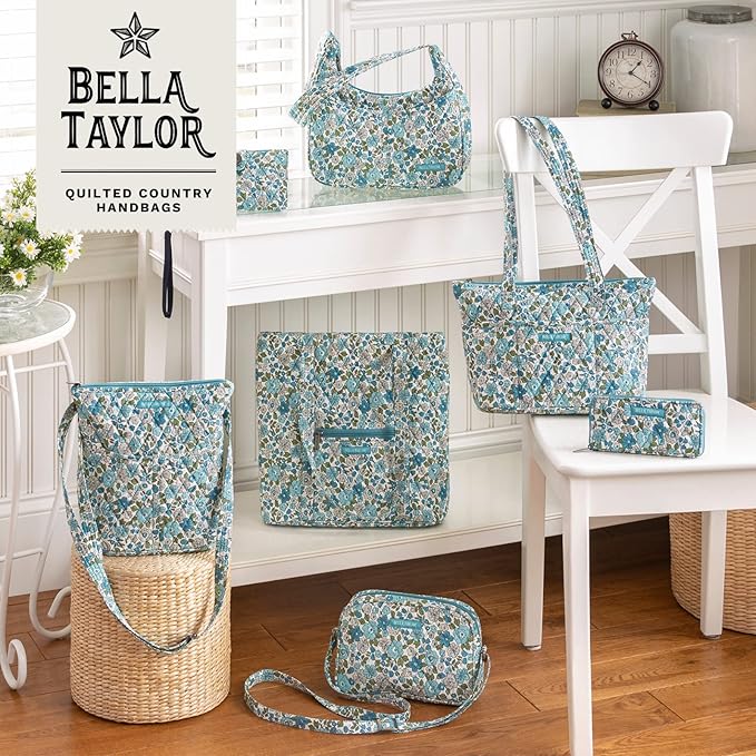 Bella Taylor Large Quilted Cotton Makeup Pouch for Women, Travel Cosmetic Bag, Quilted Cotton Delicate Floral Blue