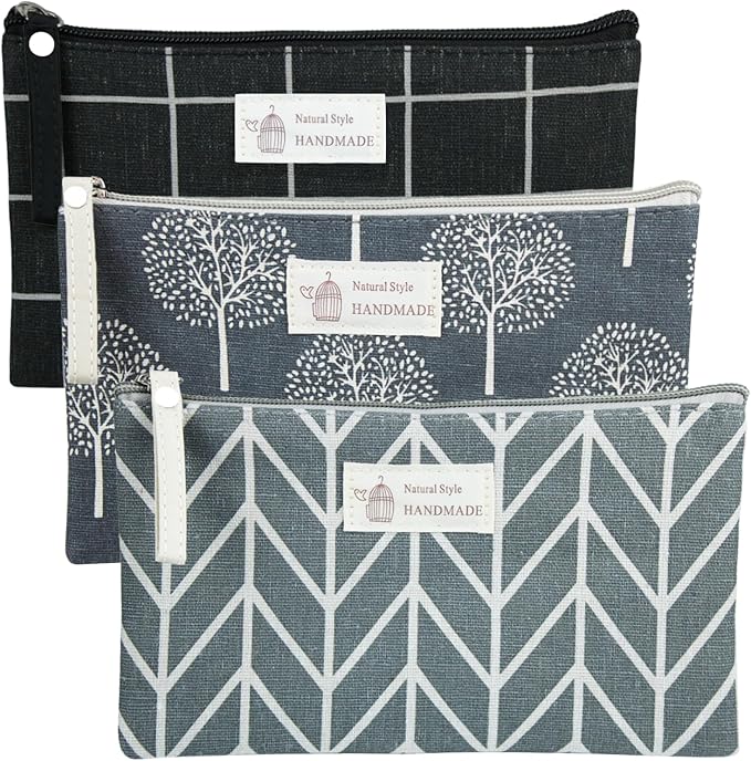 3 Pcs Canvas Makeup Bags Set Cosmetic Small Bag Printed Cute Vacation Travel Toiletry Purse Zipper Pouch Multi-Function Bag Women Girls Favor