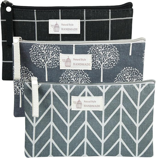 3 Pcs Canvas Makeup Bags Set Cosmetic Small Bag Printed Cute Vacation Travel Toiletry Purse Zipper Pouch Multi-Function Bag Women Girls Favor