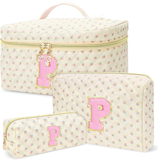 3 PCS Travel Makeup Bag Set, A-Z Initials Cotton Make up Bag Floral Quilted Cosmetic Bag for Girls and Women, Personalized Cute Toiletry Bag Travel Accessories Brushes Bag Yellow - P