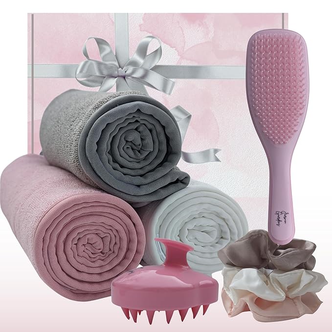 Hair Care Gift Set for Women – 8-Piece Spa Accessories Box with Detangler Brush, 3 Microfiber Towels, 3 Satin Scrunchies & Scalp Massager Shampoo Brush - Hair Styling & Self-Care Gift