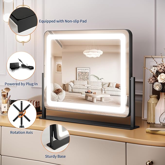 19.6"x15.7" Vanity Mirror with Lights, Large Lighted Mirror, LED Makeup Mirror with 3-Color Dimmable Modes and Smart Touch Control, Perfect for Desk or Bedroom, Vanity Desk Tabletop Makeup, White