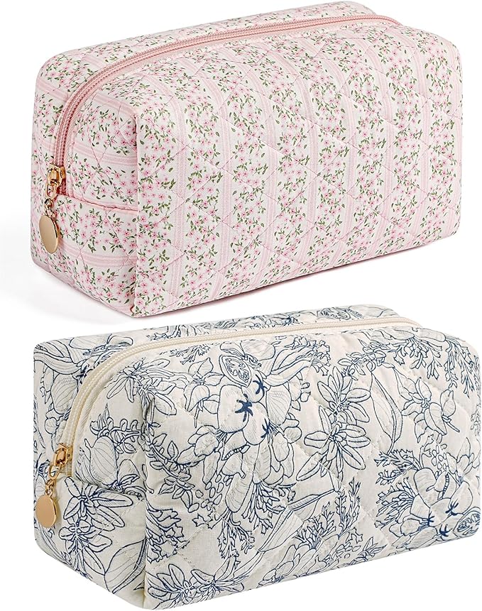 Makeup Bag Travel Cosmetic Bag for Women Girls, Zipper Make Up Pouch, Floral Flowers Toiletry Organizer Makeup, Portable Storage Bag, Cosmetic Travel Cloth Bag (Pink+Navy Blue Flower)