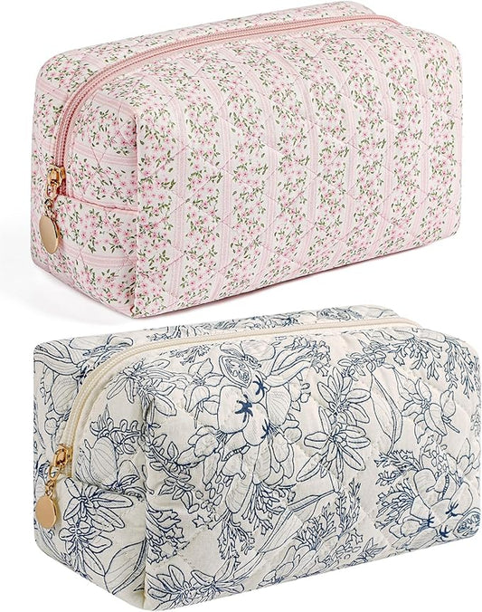 Makeup Bag Travel Cosmetic Bag for Women Girls, Zipper Make Up Pouch, Floral Flowers Toiletry Organizer Makeup, Portable Storage Bag, Cosmetic Travel Cloth Bag (Pink+Navy Blue Flower)