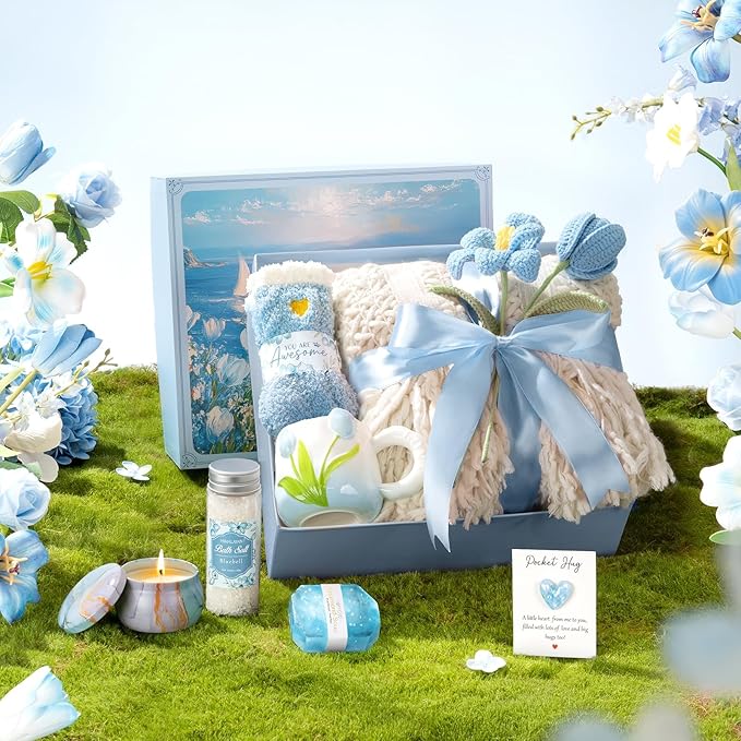 Birthday Gifts for Women Self Care Set Get Well Soon Gift Baskets, Relaxing Bluebell Spa Gift Basket Care Package for Women, Unique Christmas Mom Gifts for Her Girlfriend Sister Friend Wife Grandma
