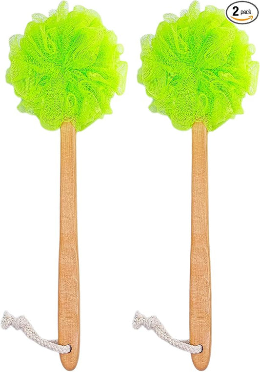 Shower Loofah Body & Back Scrubber - Exfoliating Loofah luffa Bath Brush On a Stick - with Long Wooden Handle Back Brush for Men & Women - Easy Reach Body Wash & Lotion Applicator（ 2 Pack- Green）