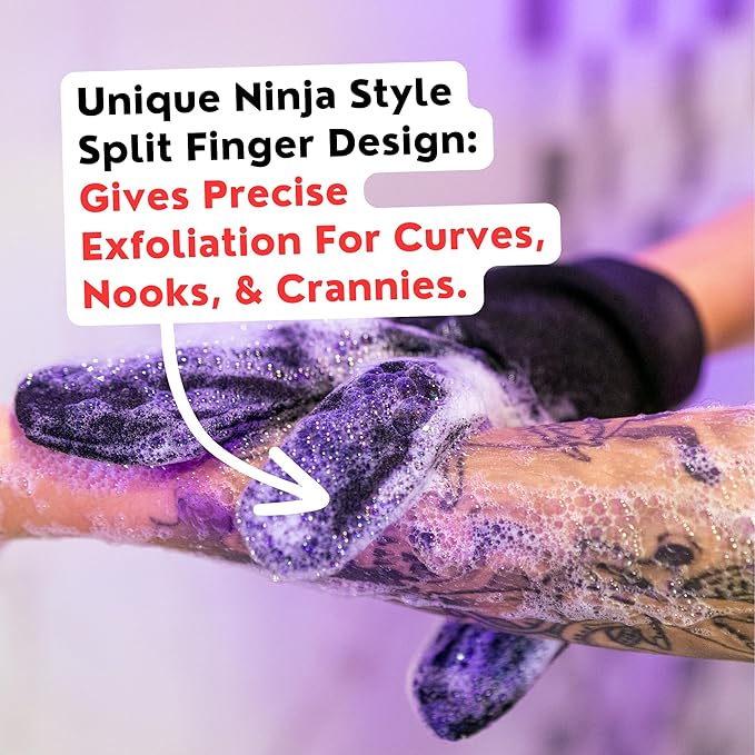 Deep Exfoliating Gloves for Body Scrub – 2-Pack Mitt for Men & Women, Black, KP Bump Eraser & Dead Skin Remover – Smooth, Radiant Skin Exfoliator – Loofah Alternative by Bye Bye Loofah