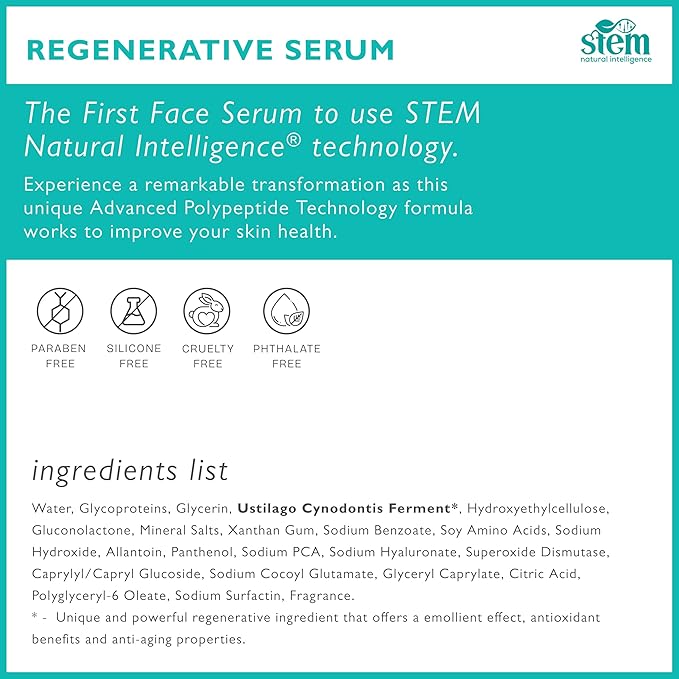 STEM Natural Intelligence Skin and Face ReGenerative Serum for Women, Facial Moisturizer Skin Care Peptides Serum, Luxury Face Moisturizer for Women, Hydration Serums, Antioxidant Support Serums, 1 oz