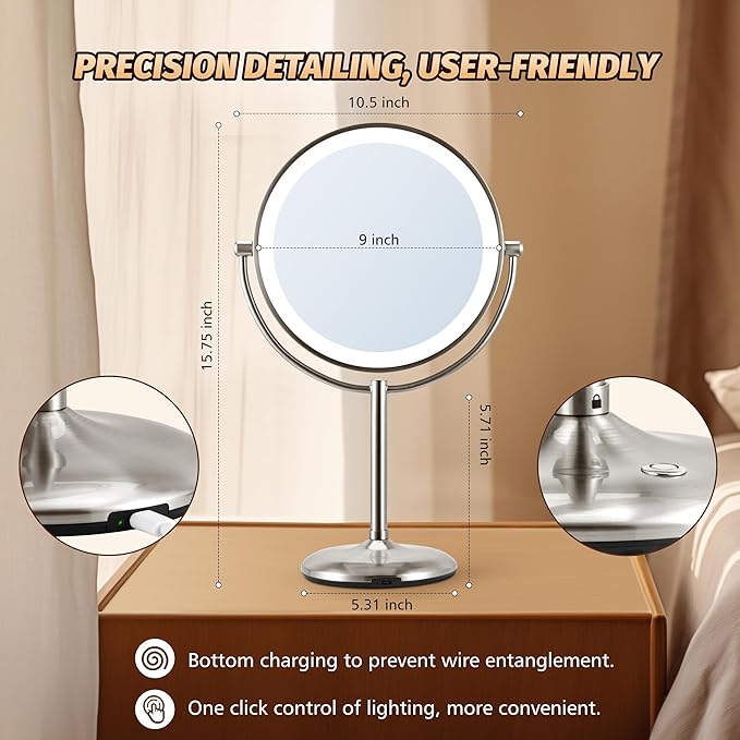 15X Magnifying Mirror with Light: 9 inch Lighted Makeup Mirror, 360Rotation Touch Screen Rechargeable, Double Sided LED Vanity Mirror, Brushed Nickel