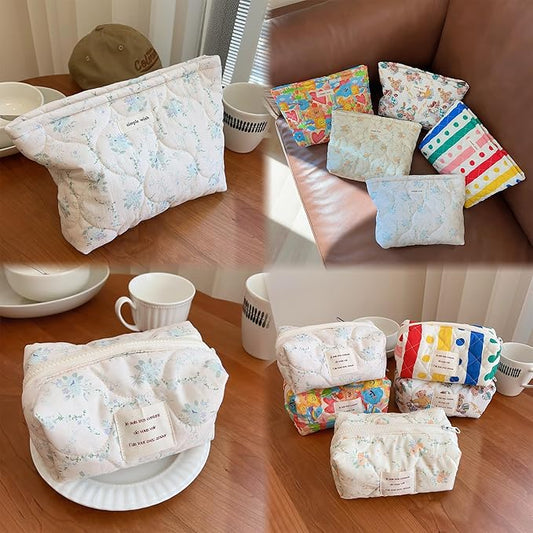 2 Pieces Floral Makeup Bag, Cute Travel Quilted Pouch Cosmetic Bag Organizer, Small Cotton Coquette Aesthetic Purse Toiletry Bag for Women Girls accessories (2PCS-Blue Floral)
