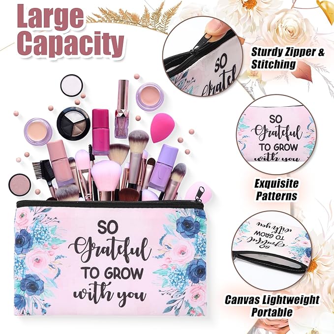 Meanplan 24 Pieces Mother's Day Makeup Bags Bulk Mom Gifts Canvas Cosmetic Purse Organizer Zipper Cosmetic Pouch Portable Travel Toiletry Pouch Mother's Day Gifts Women Birthday Retirement