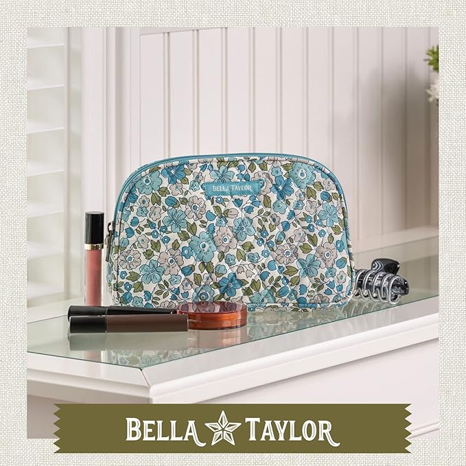 Bella Taylor Large Quilted Cotton Makeup Pouch for Women, Travel Cosmetic Bag, Quilted Cotton Delicate Floral Blue