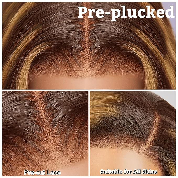 Ombre Lace Front Wig Human Hair Body Wave 9x6 Glueless Wigs Human Hair Pre Plucked Pre Cut 180% Density Wear and Go Highlight Wig Human Hair Bob 4/27 Brown Blonde Short Wigs For Women 10 Inch