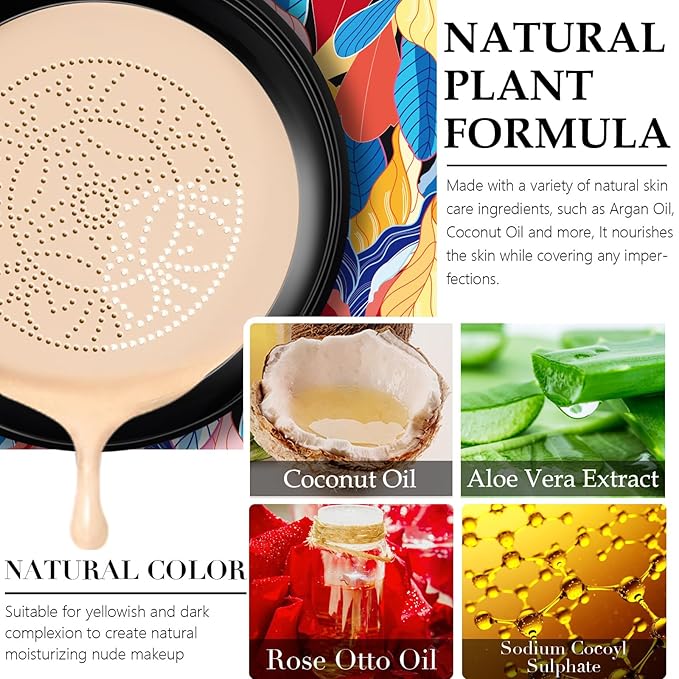 Mushroom Head Air Cushion CC Cream, BB Cream Face Makeup Moisturizing Concealer Long Lasting Full Coverage Waterproof Foundation Makeup Base Primer for All Skin Types (Ivory, 1PCS)