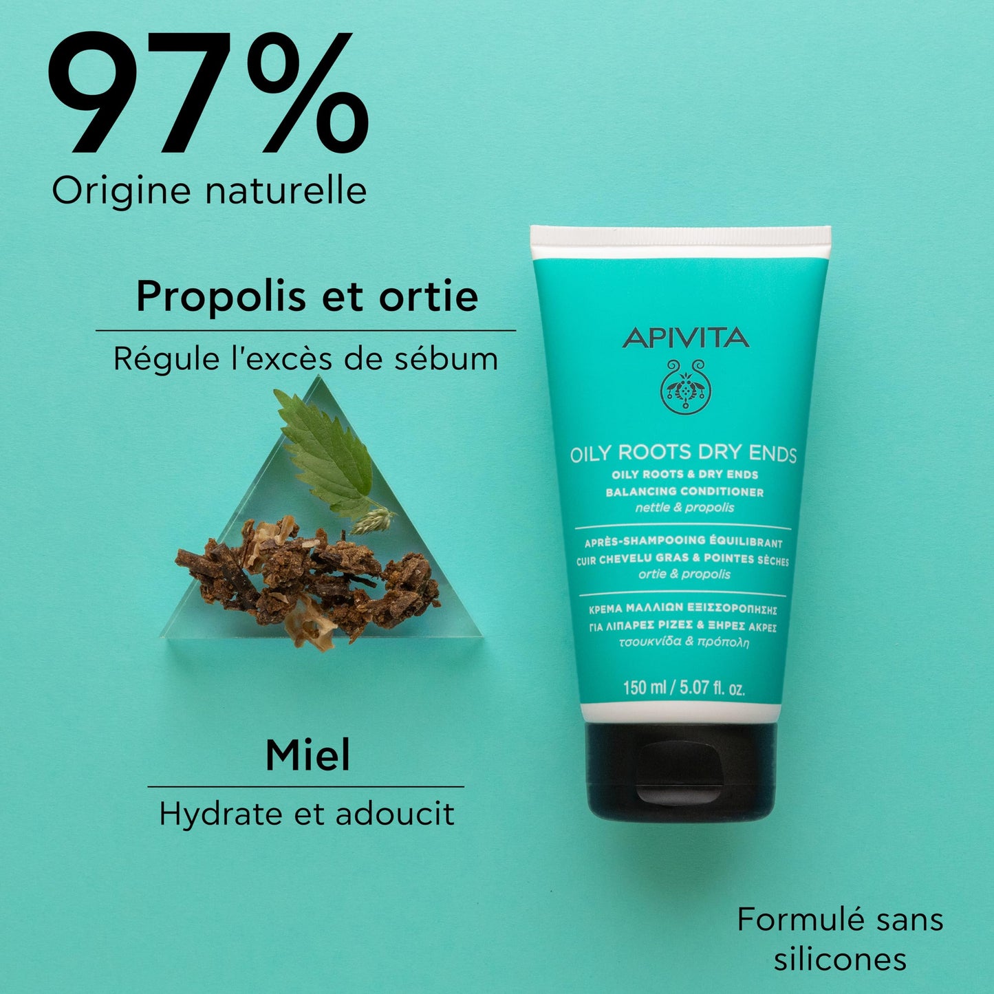 Apivita Oily Roots & Dry Ends Balancing Conditioner | Balances, Hydrates & Moisturizes Hair with Nettle & Propolis, 150 mL / 5.07 oz