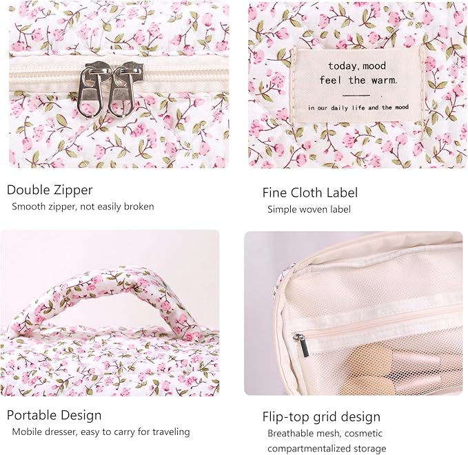 3PCS Makeup Bag Large Cosmetic Pouch Bag with Handle Cute Floral Small Makeup Bag for Purse, Quilted Cotton Skincare Storage Bag Travel Makeup Bag Set for Women, Bridesmaids, Gifts, Pink