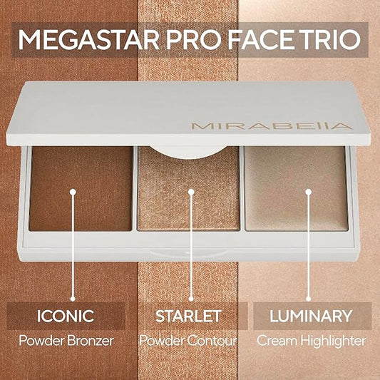 Mirabella Megastar Pro Face Trio Powder Contour Palette with Bronzer Powder & Cream Highlighter, Lightweight & Buildable Color Contour Makeup Creates a Flawless, Sculpted Look for All Skin Types