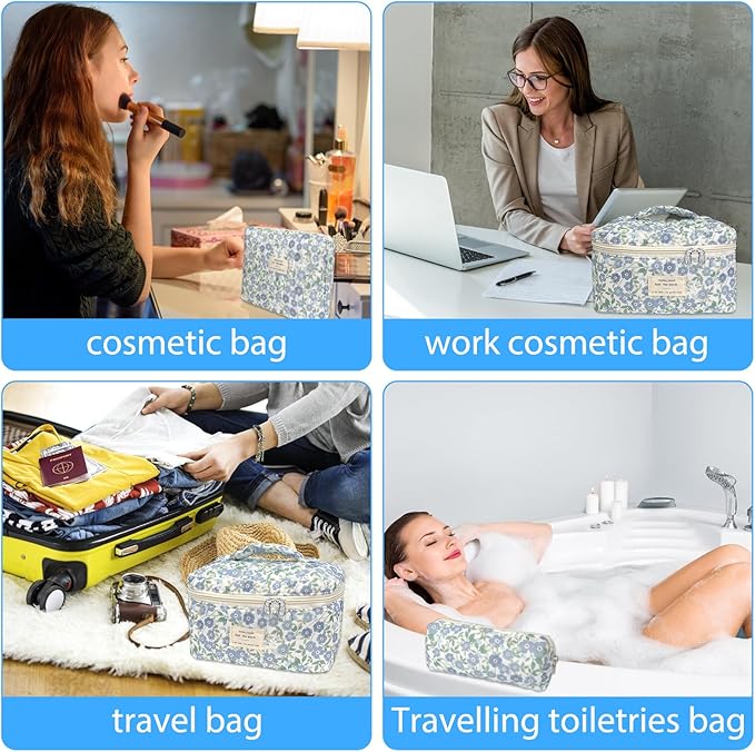 3 Piece Blue Cute Floral Cotton Quilted Makeup Bag Set, Large Capacity Travel Makeup Bags for Women and Girls, Includes Small, Medium, and Extra Large aesthetic makeup&Cosmetic Bags (3pcs-DitsyFloral)