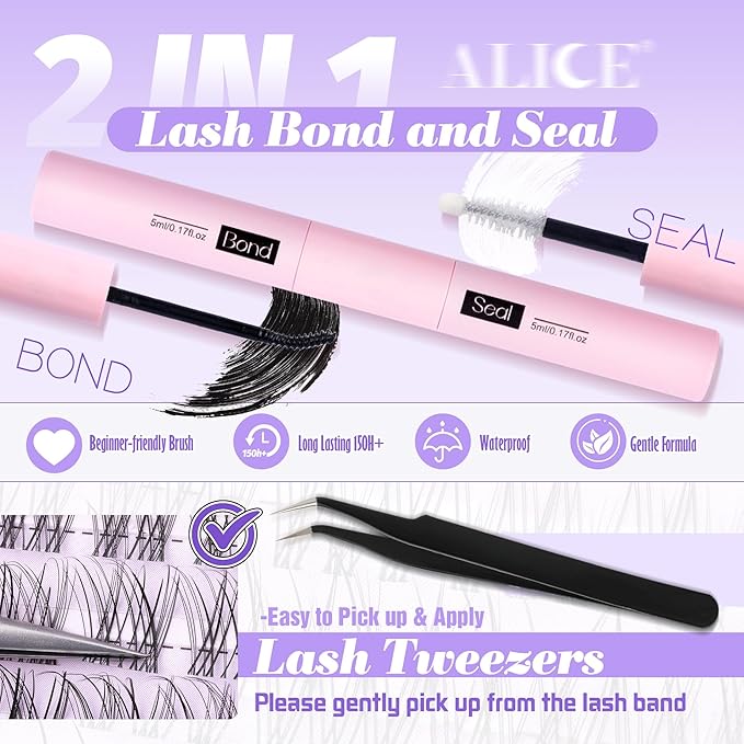 ALICE Lash Clusters Kit Natural Wispy Lash Extension Kit Clear Band Cluster Eyelash Extensions 140pcs 8-16mm Individual Lashes with Lash Glue Bond and Seal and Tweezers DIY at Home
