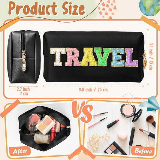CY2SIDE TRAVEL Letter Makeup Bag - Colorful Chenille Letter Patch Cosmetic Bag Black PU Leather Patch Pouch Waterproof Portable Zipper Travel Organizer Christmas Idea Gifts for Women Girls, Black