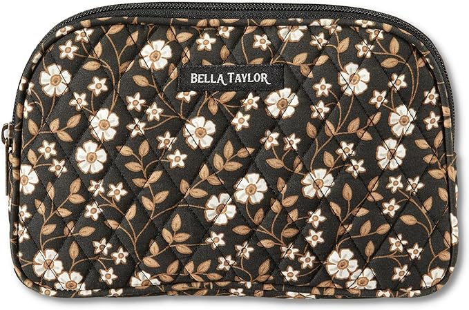 Bella Taylor Large Quilted Cotton Makeup Pouch for Women, Travel Cosmetic Bag, Quilted Cotton Vintage Vine Midnight Black Floral