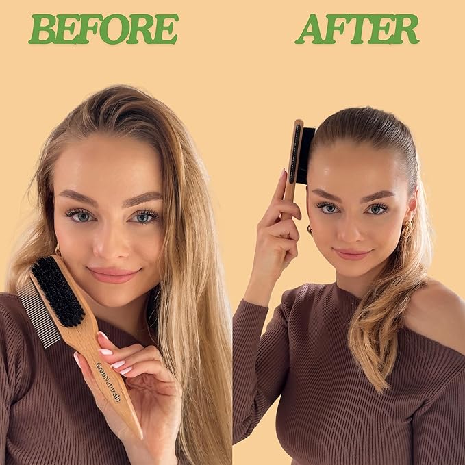 GranNaturals Boar Bristle Slick Back Hair Brush w/Comb for Smoothing Sleek Ponytail Bun - Wide Rat Tail & Metal Comb Hairbrush for Parting, Teasing, Backcombing, Sectioning, Edge Control, Flyaways