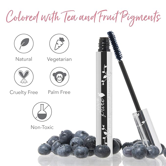 100% PURE Ultra Lengthening Mascara Dramatic Intense Volume & Length Natural Fruit Pigmented Voluminous Eyelash Makeup No Clumping, Smudging or Flaking - Vegan, Blueberry Color - 0.35 oz