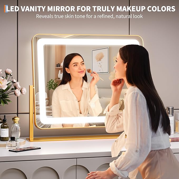 19.6"x15.7" Vanity Mirror with Lights, Large Lighted Mirror, LED Makeup Mirror with 3-Color Dimmable Modes and Smart Touch Control, Perfect for Desk or Bedroom, Vanity Desk Tabletop Makeup, Gold