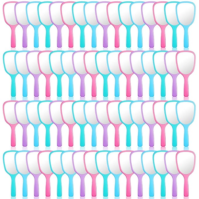 60 Pcs 7.09 x 3.14 Inch Hand Handheld Mirror with Handle Plastic Compact Travel Makeup Cosmetic Mirror Small Personal Portable Hand Held Mirror for Home Vanity Camping (Green, Pink, Blue, Purple)