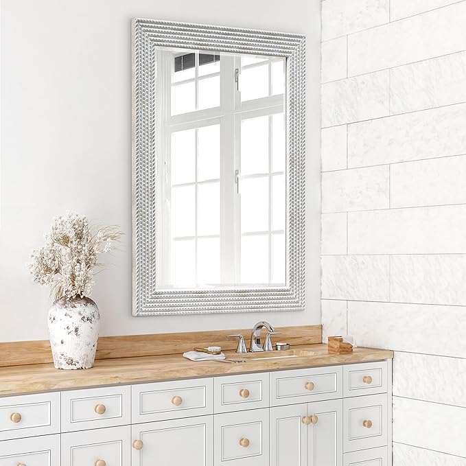 Americanflat 24x36 Wall Mirror - Hanging Mirrors with Durable Frame - Modern Mirror for Bathroom, Bedroom, Living Room - Mirrors for Wall Display and Home Decor - Metallic White with Beaded Texture