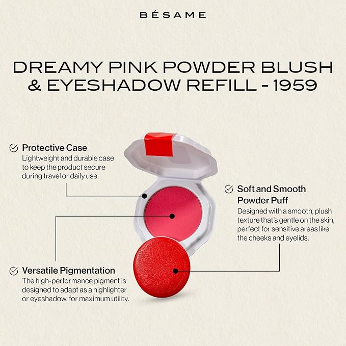 Besame Cosmetics Touch of Pink Powder Blush & Eyeshadow Refill - Fits Signature Compacts Post-2019, Pastel Pink, Safe for Eyes