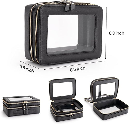 Aveniee Clear Makeup Bags, Double Layer Cosmetic Bags with Separate Brush Compartment, Large Travel Toiletry Bag Cosmetic Case, Travel Accessories Organizer for Women(2 Layers, Black)
