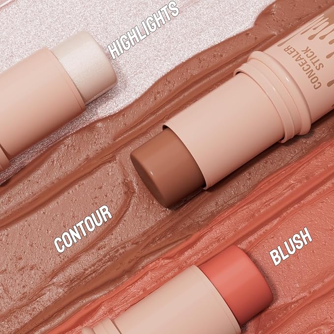 3Pcs Cream Contour Sticks Kit, Highlighter Stick Blush Stick Cream Contour Kit Makeup Set with Brush,Face Brightens & Shades Contour Stick Waterproof for Women Girls(9507-03-06-11, B)