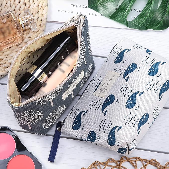 4 Pieces Canvas Cosmetic Bags Set Printed Makeup Bags with Zipper Multi-Functional Canvas Travel Pouch for Women Girls Vacation Travel Toiletry Bag, 4 Styles (Whale, Bear, Tree, Leave, Small)