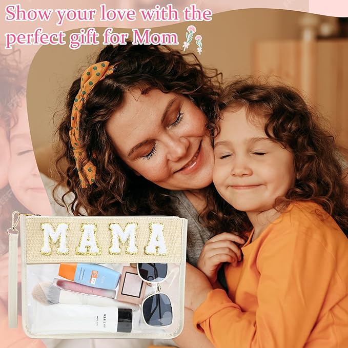 Mama Bag Mother Gifts Mama Chenille Letter Clear Makeup Bag Pouch Clear Zipper Pouch with Wristlet Travel Cosmetic Bag Graduation Retirement Mama Gifts for Women