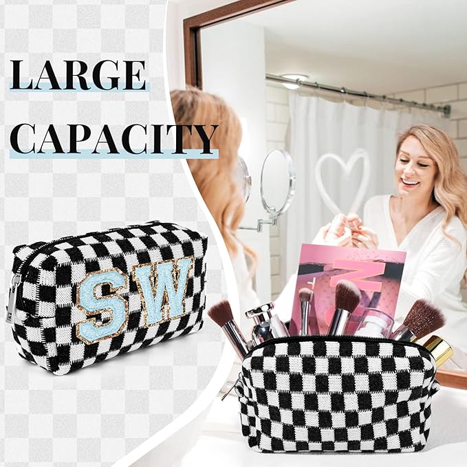 6 Pcs Preppy Makeup Bag Bulk Checkered Cosmetic Bag Black Makeup Pouch Personalize Travel Toiletry Bag Organizer Cute DIY Makeup Brushes Storage Bag for Women
