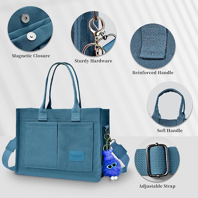 Canvas Tote Bag for Women With Pockets, Laptop Work Crossbody Purses Everything Shoulder Tote Bag Everyday Satchel Handbags