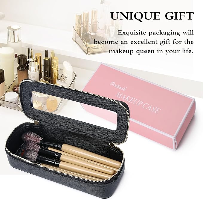 Makeup Brush Case Clear Travel Cosmetic & Toiletry Bag Small Makeup Bag with Zipper Purse Organizer Car Essential Bag for Women (Black, SLIM)