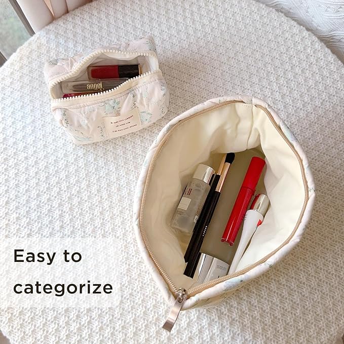 2 Pieces Floral Makeup Bag, Cute Travel Quilted Pouch Cosmetic Bag Organizer, Small Cotton Coquette Aesthetic Purse Toiletry Bag for Women Girls accessories (2PCS-Blue Floral)