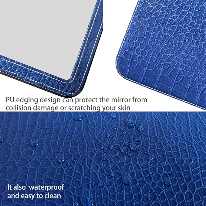 Blue Foldable Desk Mirror, 5.3×6.9” Adjustable Angle Rounded Rectangle PU Edge Covering Travel Mirror with Stand (MBlue)