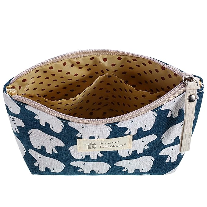 4 Pieces Canvas Cosmetic Bags Set Printed Makeup Bags with Zipper Multi-Functional Canvas Travel Pouch for Women Girls Vacation Travel Toiletry Bag, 4 Styles (Whale, Bear, Tree, Leave, Small)